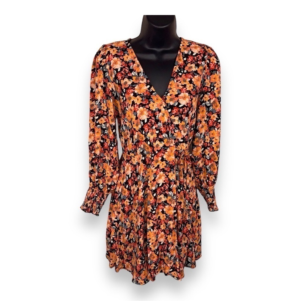 SMALL WRAP LOOK FLORAL COLORFUL DRESS ORANGE BLACK LONG SLEEVE VNECK RED